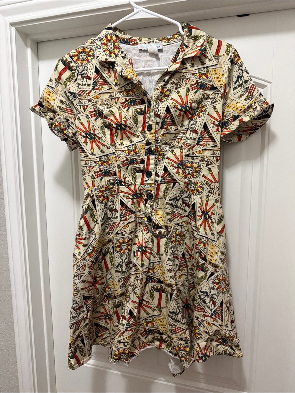 Cream Short Sleeve Button-Front Dress with Tarot-Inspired Print